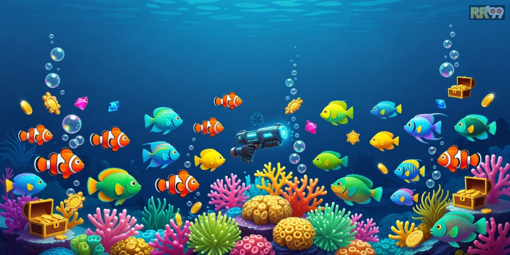 Minh họa giao diện game bắn cá đổi thưởng rr99 sống động với cá đa sắc màu