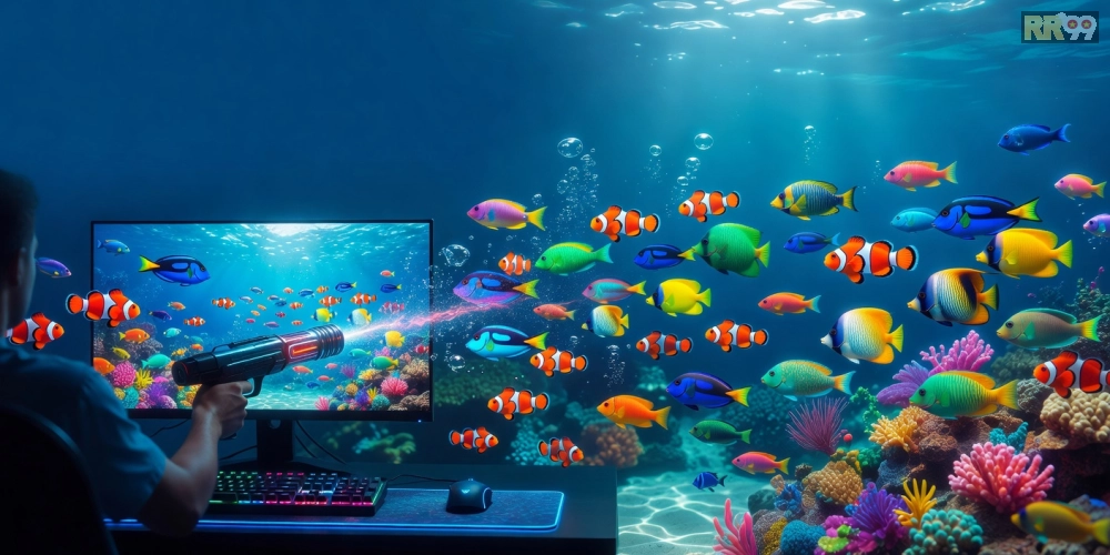 Minh họa khái niệm bắn cá online rr99 với giao diện game sống động và người chơi hứng thú
