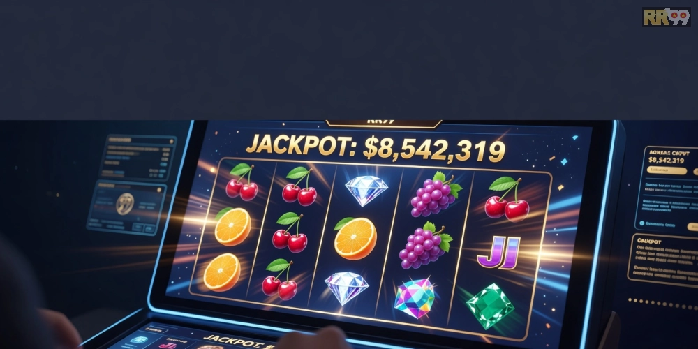 Minh họa khái niệm chơi game nổ hũ rr99 với giao diện slot machine hiện đại