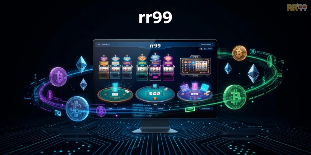Minh họa khái niệm crypto casino rr99 với giao diện chơi game hiện đại và biểu tượng tiền điện tử