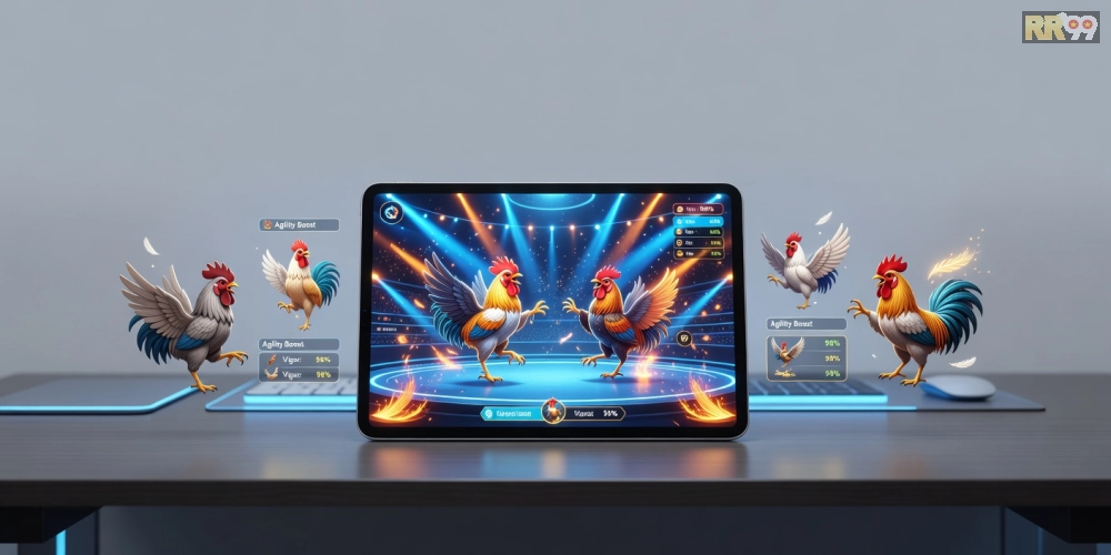 Minh họa khái niệm đá gà trực tuyến với giao diện nền tảng hiện đại và biểu tượng gà chọi