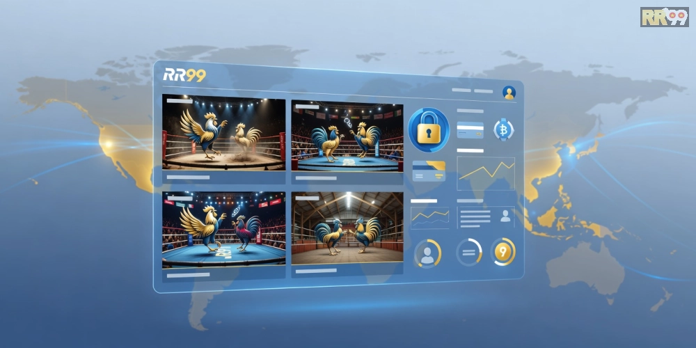 Minh họa khái niệm đá gà quốc tế RR99 với giao diện nền tảng hiện đại và biểu tượng gà chọi.