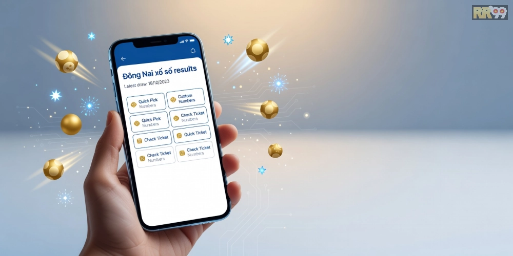 Hình ảnh nền tảng Đồng Nai Lotto Hub với giao diện ứng dụng di động và biểu tượng vé số