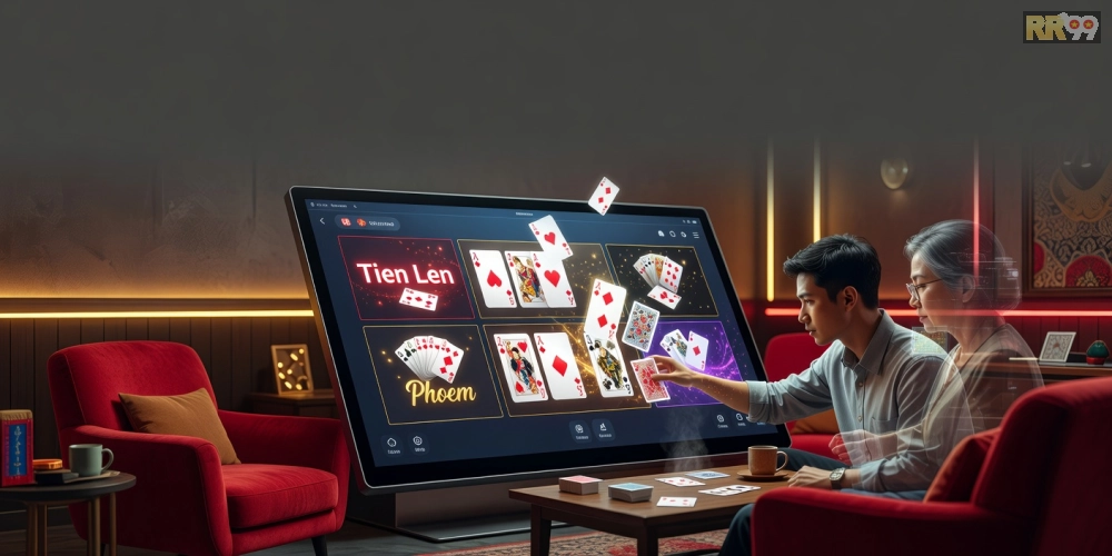 Hình minh họa giao diện game bài online rr99 với các trò chơi phổ biến và người chơi tương tác