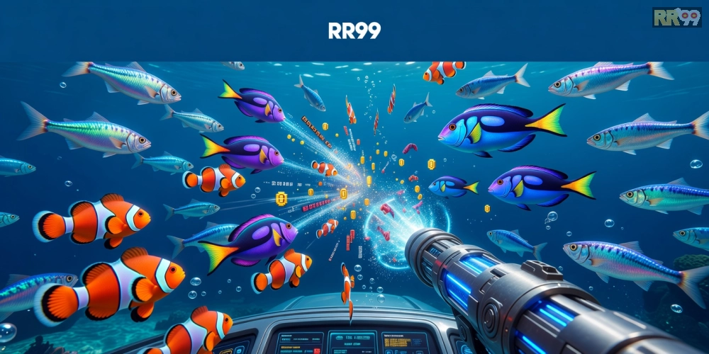 Minh họa giao diện game bắn cá online rr99 với cá đa dạng và hiệu ứng bắn súng sống động