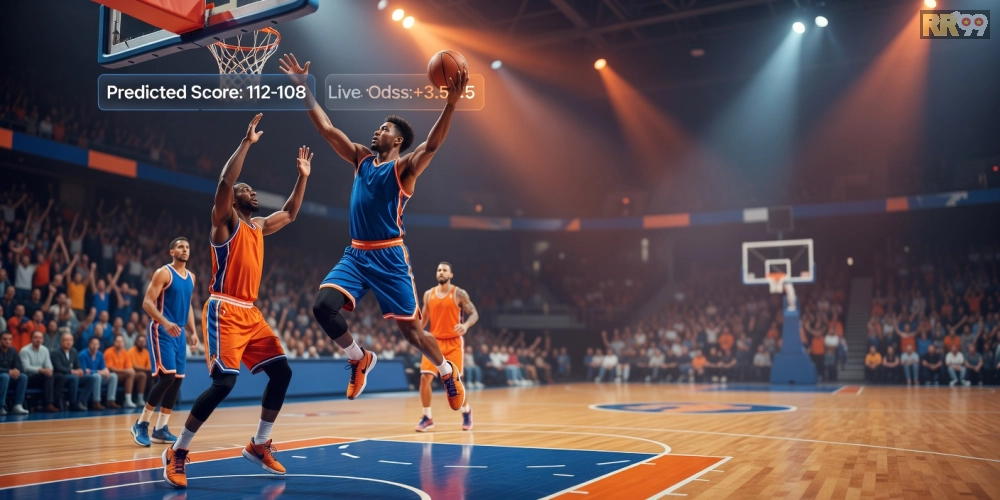 Hình ảnh minh họa trò chơi bóng rổ NBA trên rr99 với cầu thủ ném bóng và bảng tỷ lệ cược.