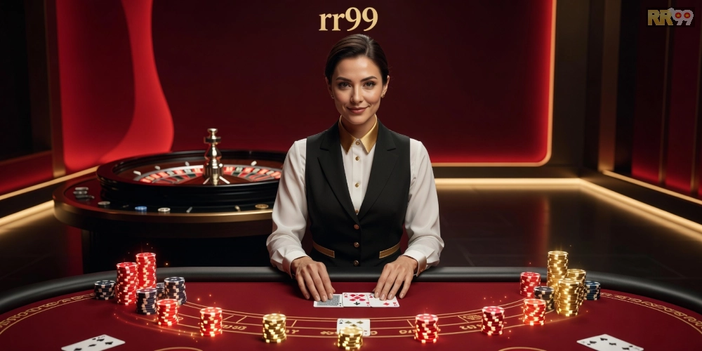 Minh họa giao diện live casino rr99 với dealer thực tế và bàn chơi sôi động