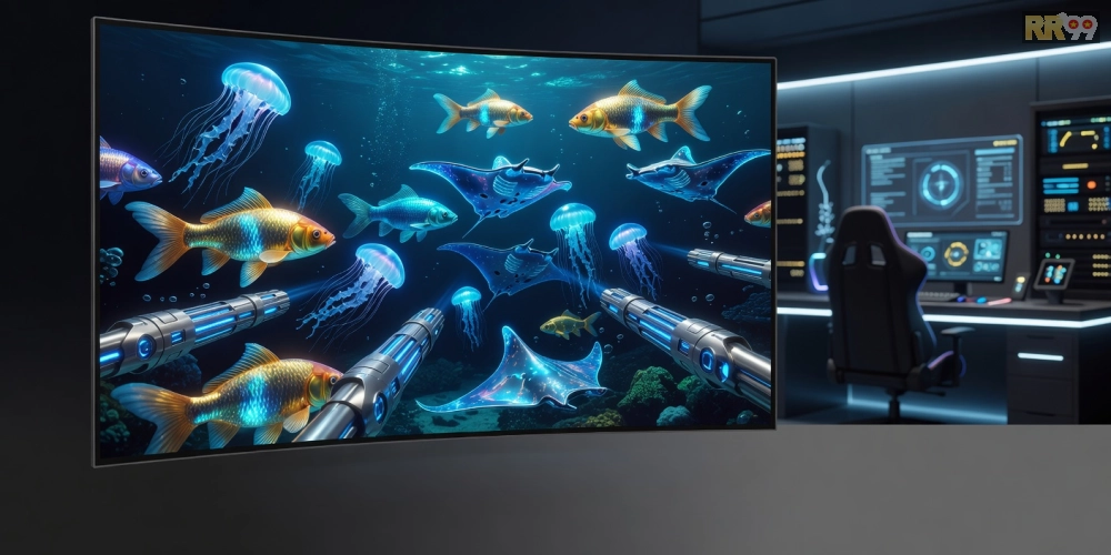 Giao diện bắn cá online rr99 elite với hiệu ứng ánh sáng rực rỡ và cá bơi lội