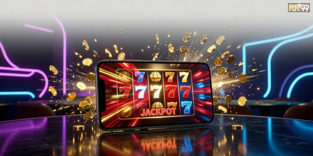 Caption tiếng Việt ngắn gọn 8–16 từ: Hình minh họa giao diện game nổ hũ rr99 với jackpot sáng rực