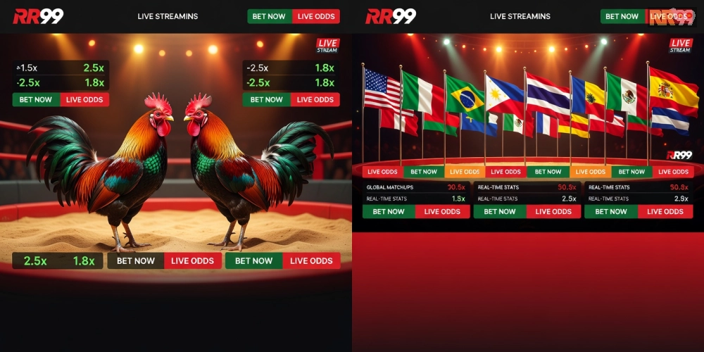 Hình ảnh giao diện nền tảng Global Cock RR99 với các trận đấu livestream hấp dẫn.