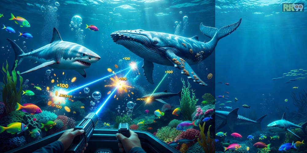 Hình ảnh đại dương rộng lớn trong game bắn cá RR99 với cá khổng lồ và hiệu ứng nổ thưởng hấp dẫn