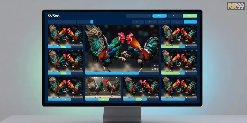 Hình ảnh giao diện nền tảng xem đá gà trực tuyến SV388 với các trận đấu nổi bật.